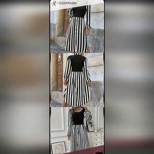 Chic Black and White Striped Long Sleeve Dress